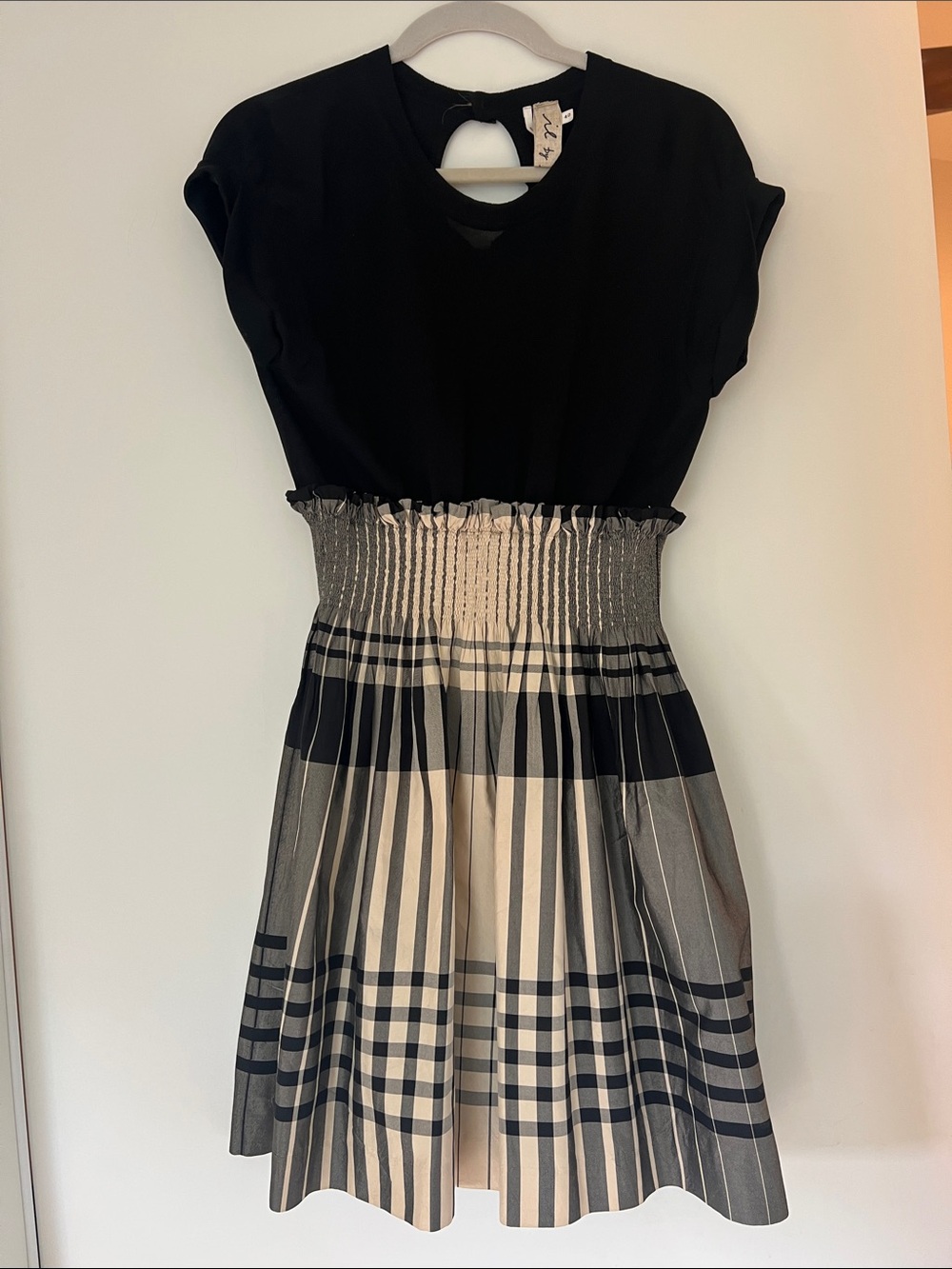 Smocked-Waist Black Top & Cream Plaid Midi Dress